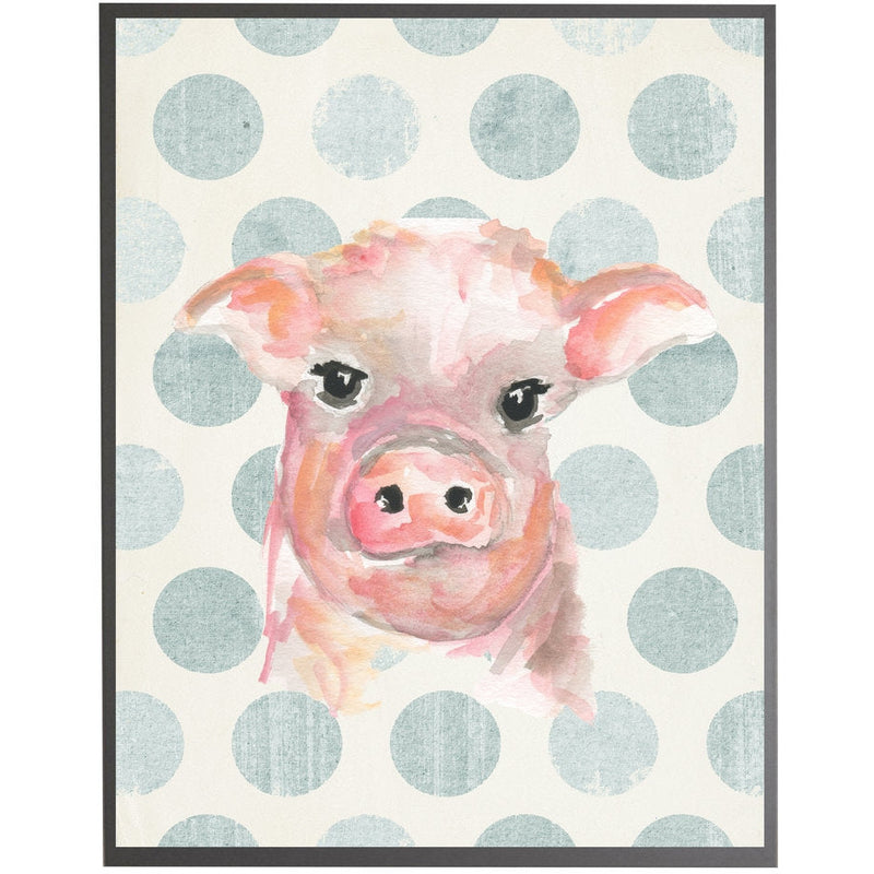 rectangle art print watercolor baby pig grey wood frame blue dots