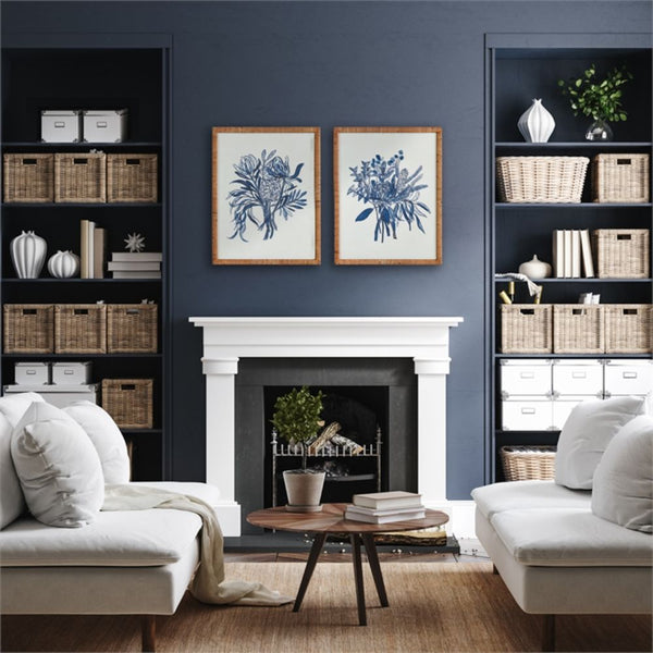 blue floral bouquet art prints rattan frames