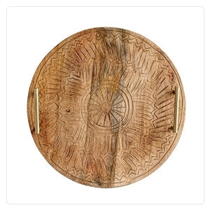 wood serving tray with gold finish handles and engraved design 
