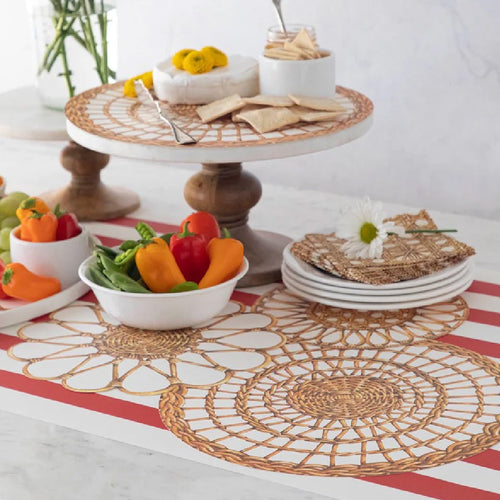 Paper basket print chargers and placemats on blue check paper runner on table