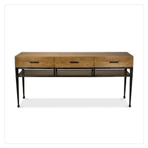 wood three drawer desk with metal legs and harware