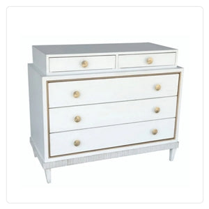 white stained wooden three large drawer chest with two smaller top drawers and gold finish hardware