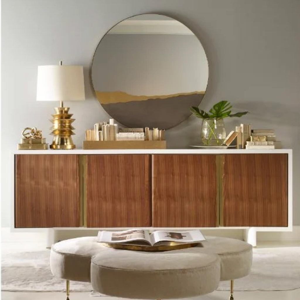 Wood & White Credenza with Round Mirror 
