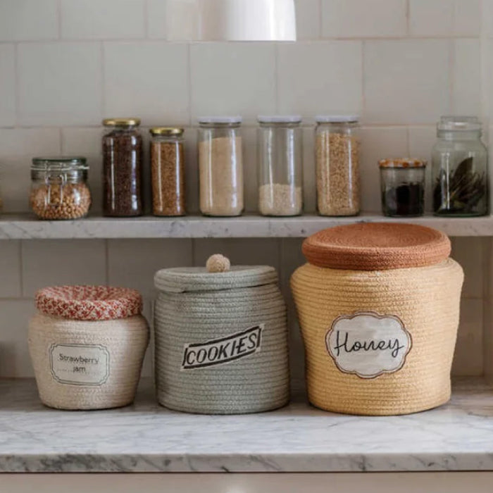 children's toy baskets lookalike pantry items