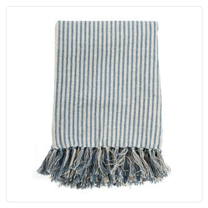 grey striped throw blanket with fringe trim 