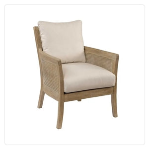 natural finish rattan accent chair with cream back and seat cushions
