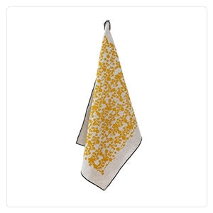 yellow botanical design tea towel navy edge