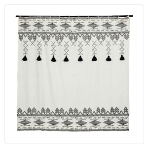 black white Aztec shower curtain with tassels