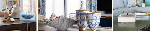 living room accent blue vases wooden beads on coffee table 
