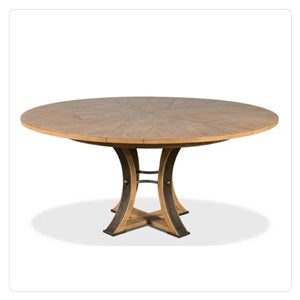 light wood round table iron detail legs