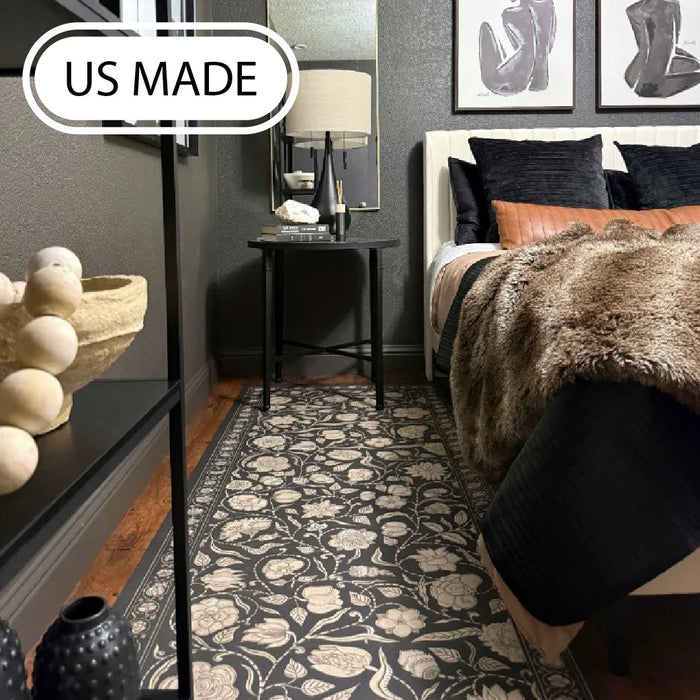 A vinyl rug in a blue and brown circle pattern