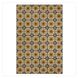 starburst pattern in yellow and black on vintage vinyl floorcloth