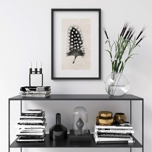 modern black console with books and feather study art 