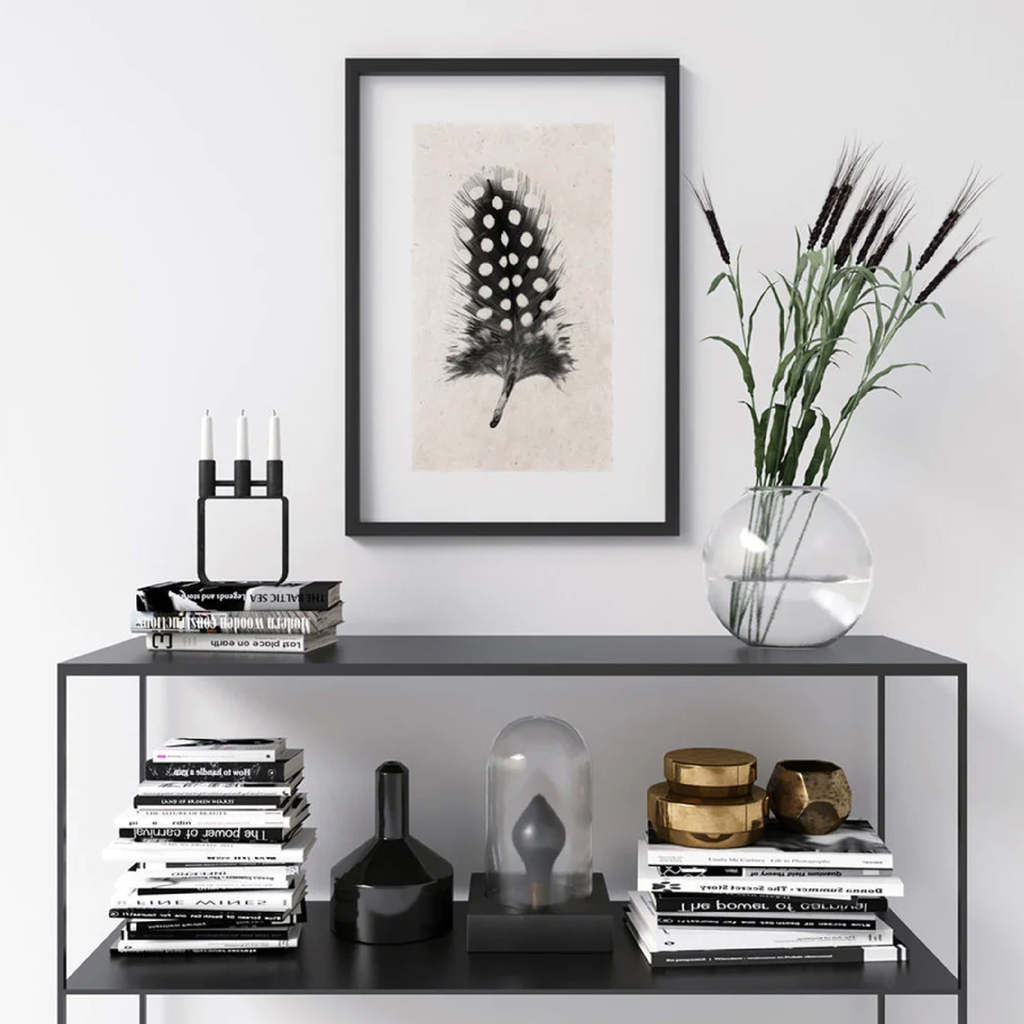 modern black console with books and feather study art 