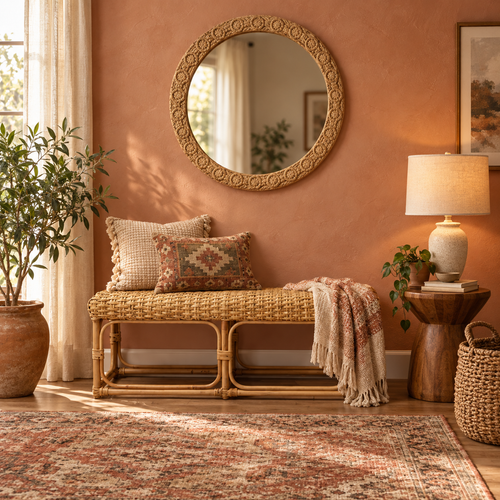 Seating area with boho chic style furniture and wall decor
