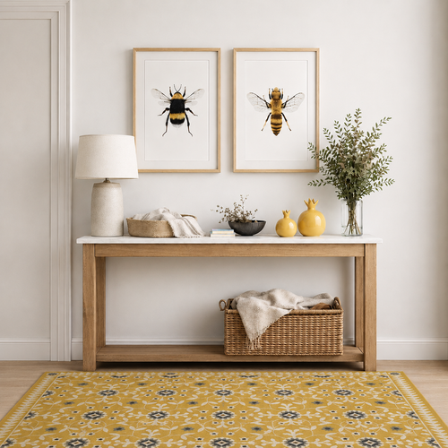 Wooden console table with decor under two bee artworks, yellow vase, and a yellow patterned rug on the floor.