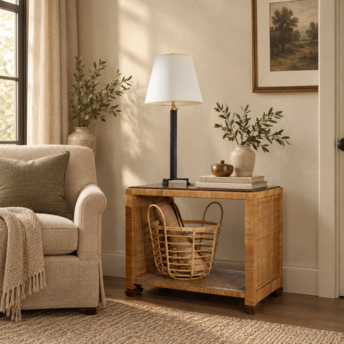 Round mirror over a white and wood console table