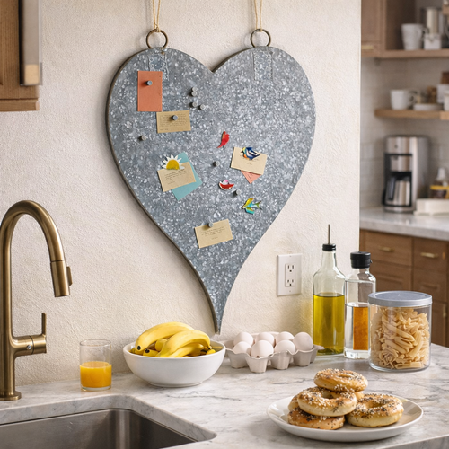 A heart-shaped metal board with notes, photos, and magnets hanging on a wall.