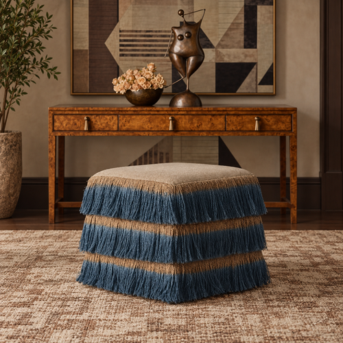 A square ottoman layered with tan and blue fringe, centered in a room before a wooden console table.
