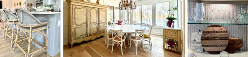 3 photo spread of kitchen stools and bar 