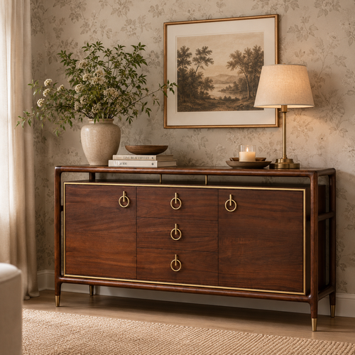 Warm wood cabinet in a dining room