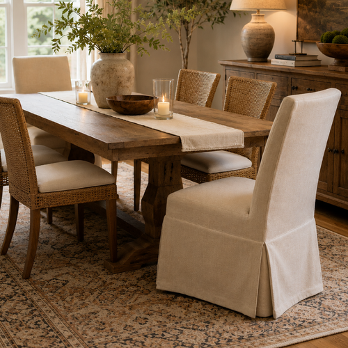 White dining chairs with bow detail down the back