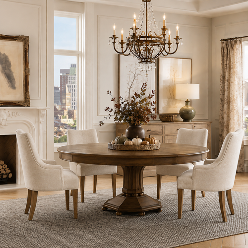 Elegant dining room with a round wooden table, eight chairs, chandelier, and vase of flowers in bright natural light.