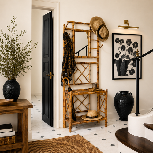 Bamboo entryway organizer with hats, scarves, umbrella, mirror, and decor on a black-and-white tiled floor.
