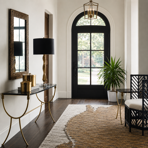 Stylish black & white home entryway with mirror and bench