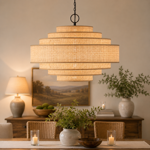 Gold chandelier with geometric design hanging above a dining table in a bright, elegant room.