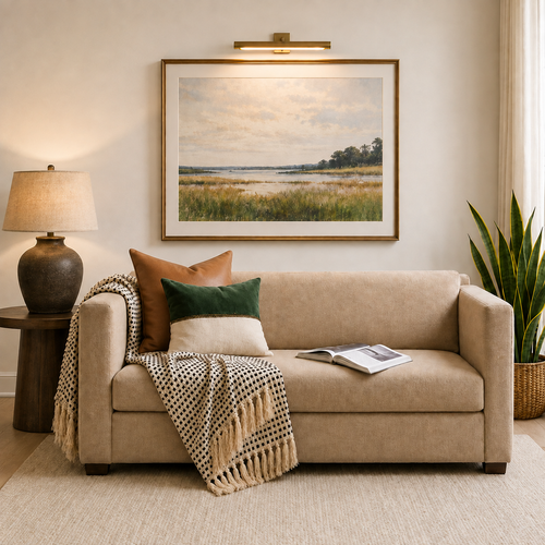 Green velvet pillow on a cream living room sofa