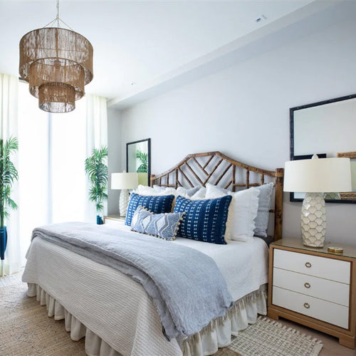 blue and white bedroom and decor