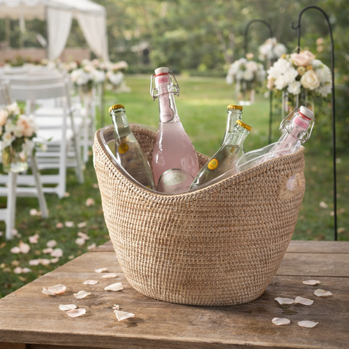 rattan wine bucket on table with bottles at wedding