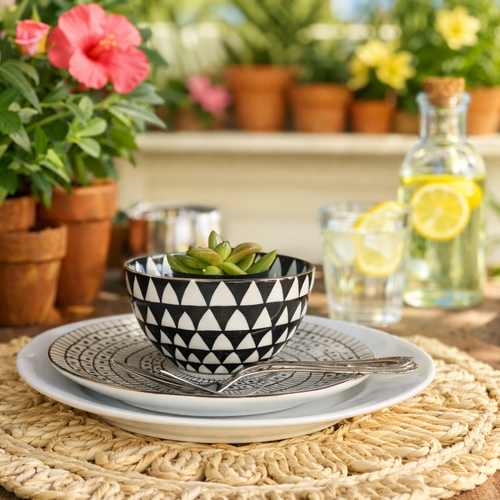 A black and white patterned bowl with a succulent on a plate, set on a woven mat, with plants and lemon water nearby.