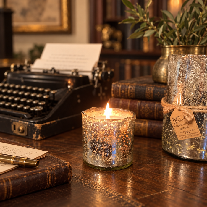 Driftwood candle on a fall themed tablescape with match cloche