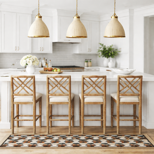 Bright kitchen with four wooden barstools, pendant lights, white cabinets, and a patterned rug.