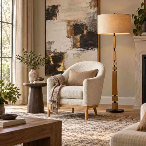 A white chair next to a lamp.