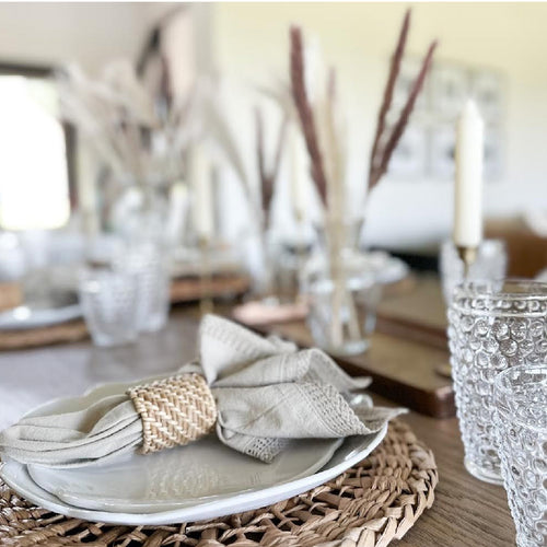 wavy stone dining plates and hobnail glassware