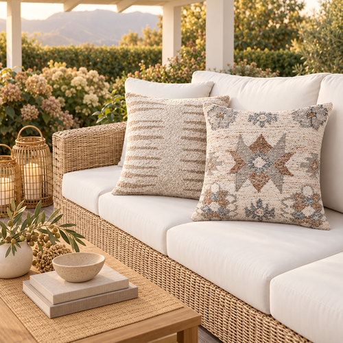 white and green pattern pillow on a white and blue outdoor chair