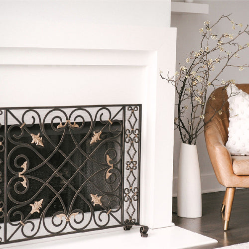 sleek white fireplace scene with a metal screen