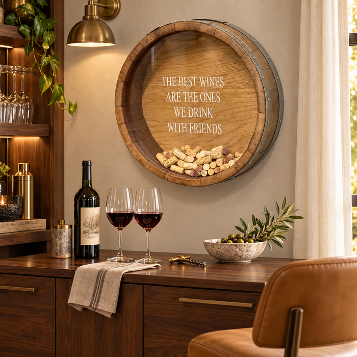 wooden tray holding peaches and wine cork holder