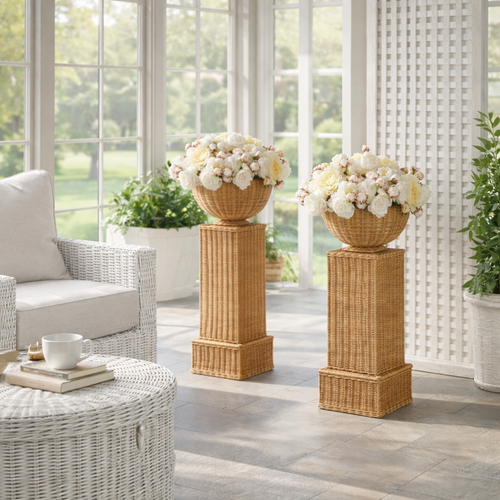 wicker pedestals topped with flower-filled wicker bowls in a sunroom with white furniture