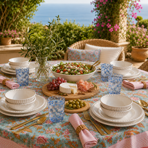 neutral melamine place setting with a napkin on a lightwood desk