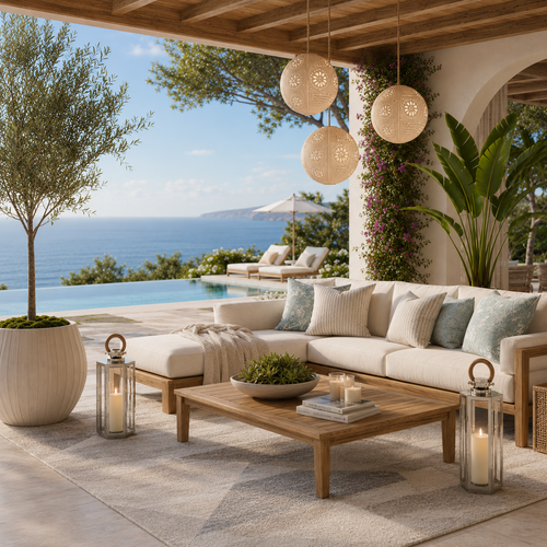 Modern outdoor patio with woven ottomans, beige sofa, potted plants, and city buildings in the background.