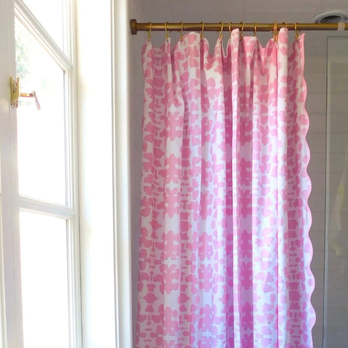 pink damask print shower curtain scalloped edge