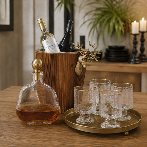 Amber and clear bubble glass tumblers filled with sparkling drink on a white countertop.