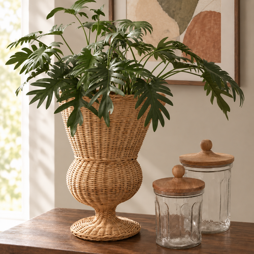 Rattan log holder holding white pom pom throw by a fireplace