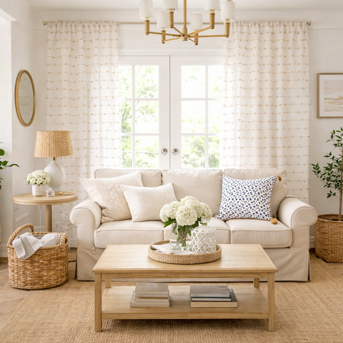 A beige sofa with a pink and white blanket and a textured pillow, near a window.