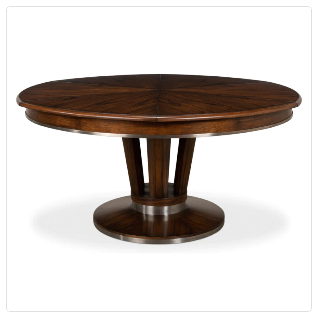 dark stained wood round expanding dining table