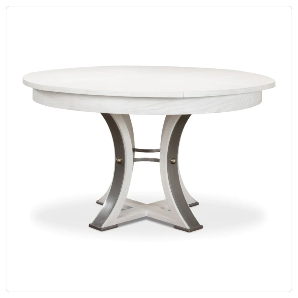white wood round stell legs expanding dining table